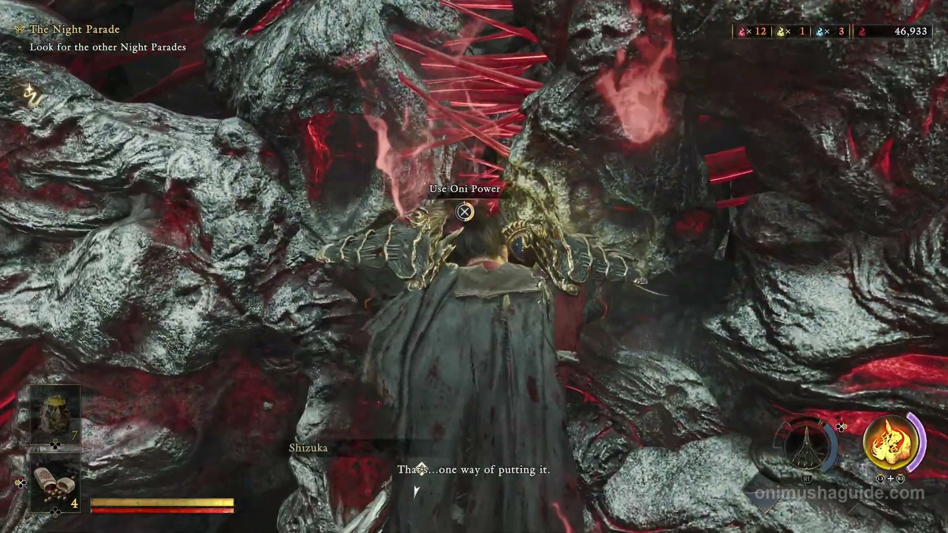 Use Oni Power prompt at the tangled root barrier after the courtyard fight