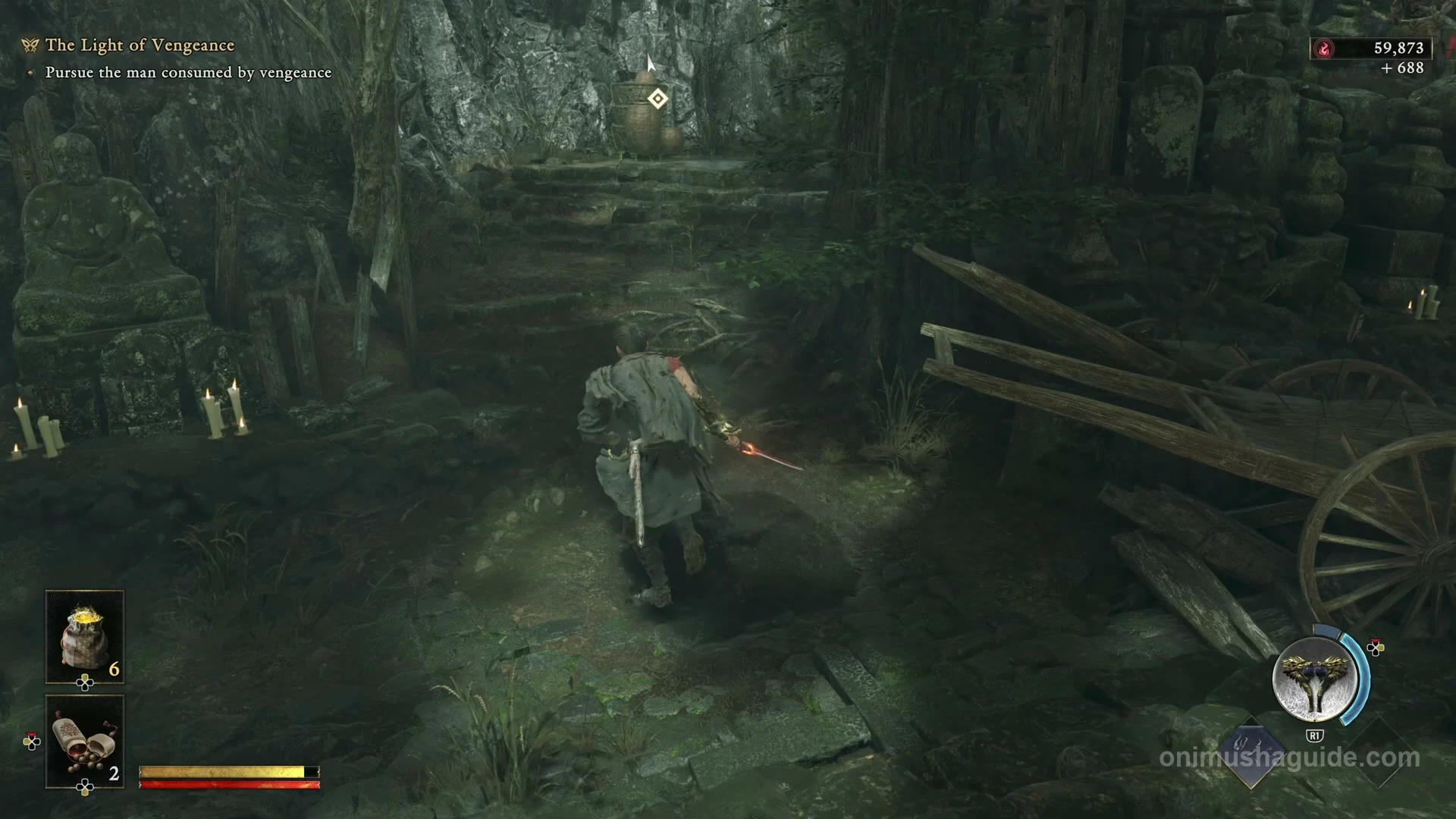 Stone steps climbing past a broken wooden cart on the route through the temple forest