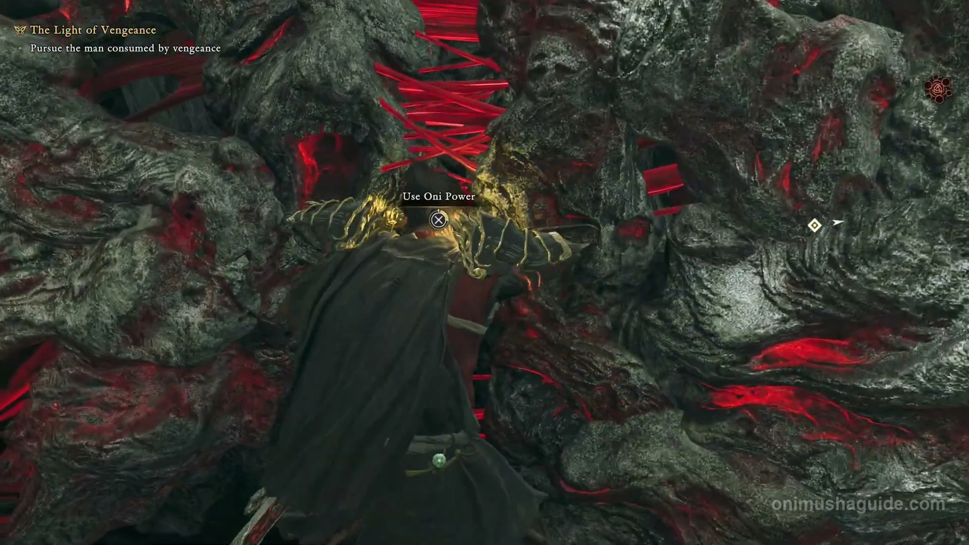 Cross Use Oni Power prompt on the red-veined Malice barrier blocking the temple passage
