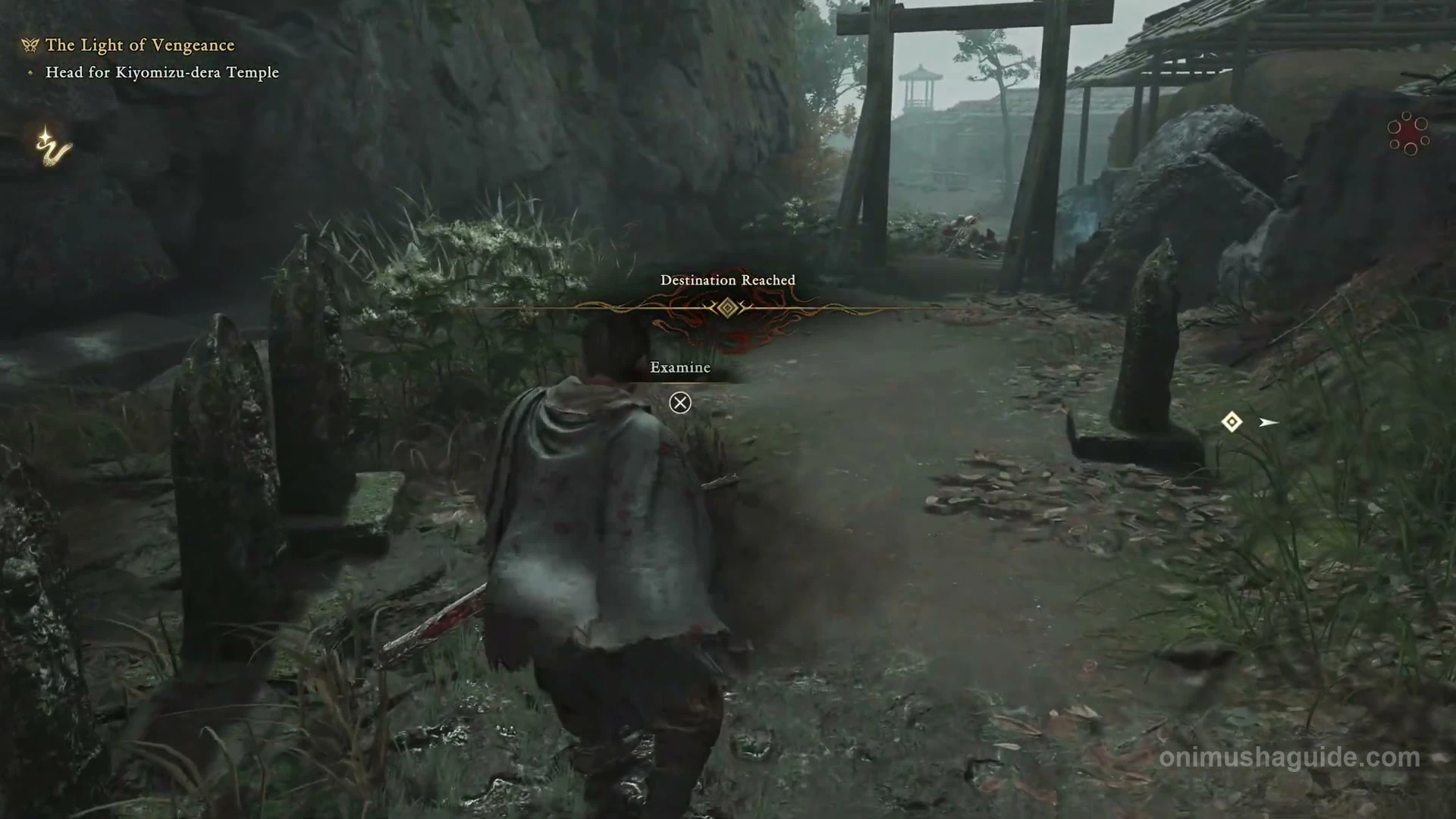 Examine prompt between standing stone markers before the wooden gateway