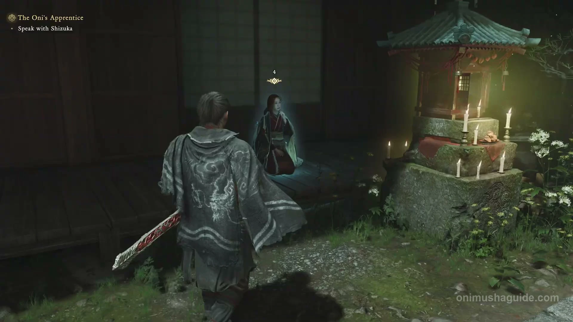 Shizuka seated beside the glowing Spirit Mirror in the temple courtyard