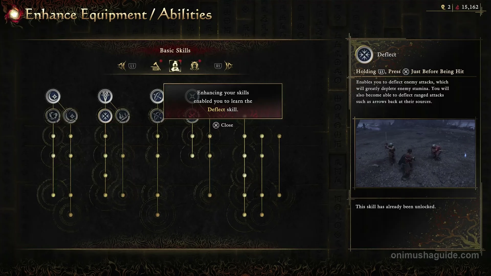 Basic Skills menu confirming the Deflect unlock and showing its L1 plus Cross input