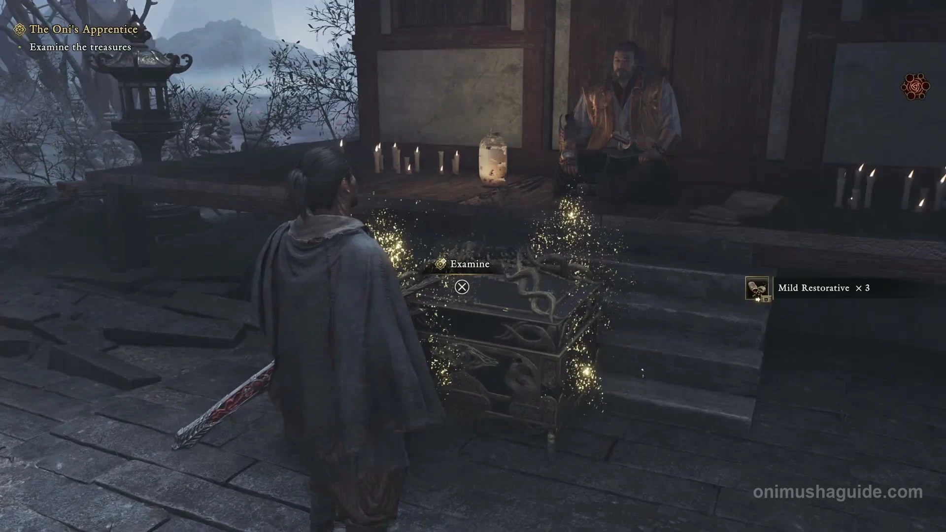 Reward chest in front of Takamura with the Cross Examine prompt visible