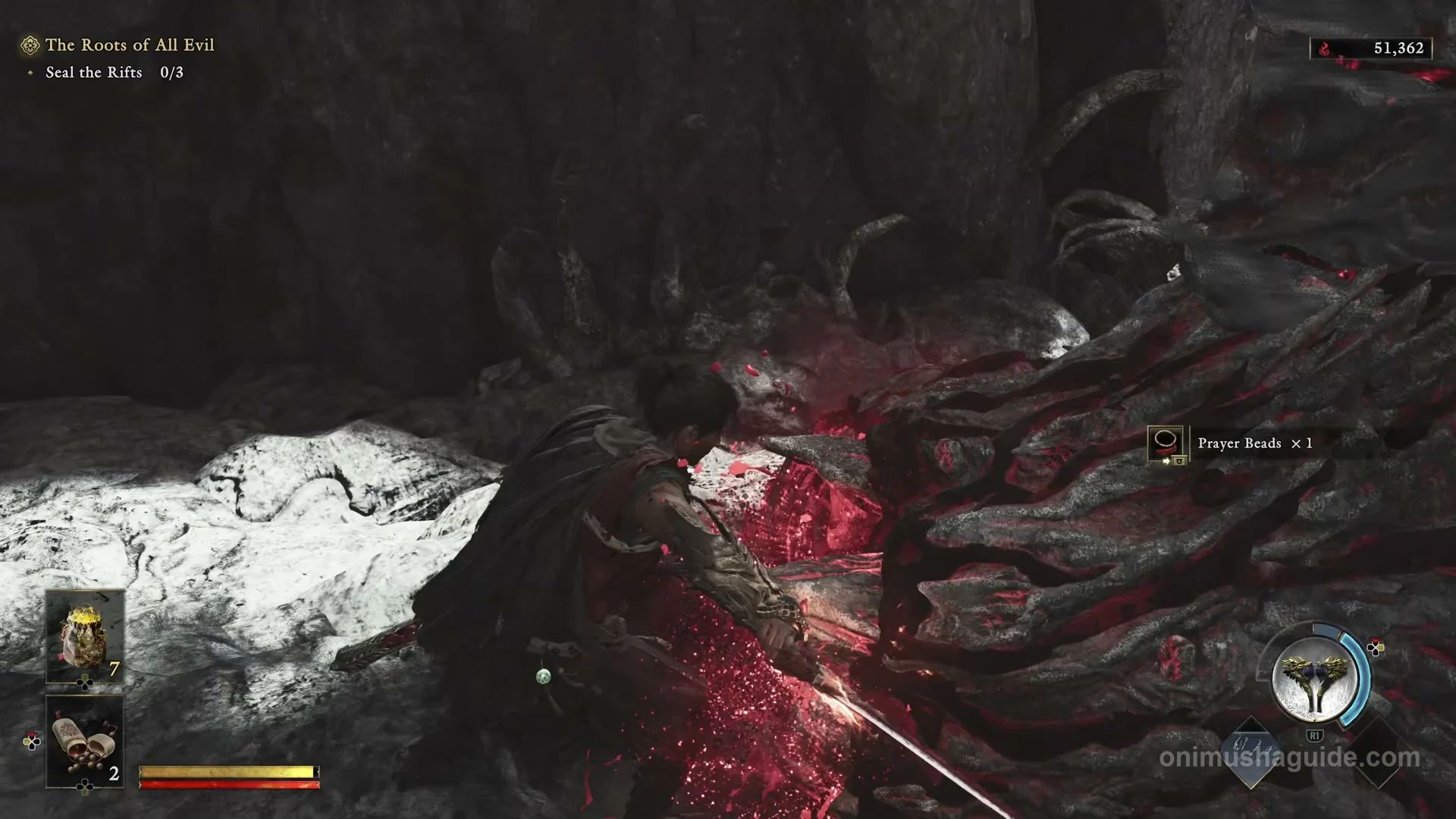 Red-veined Malice barrier at the landing before the stairs to Toribeno's first Rift