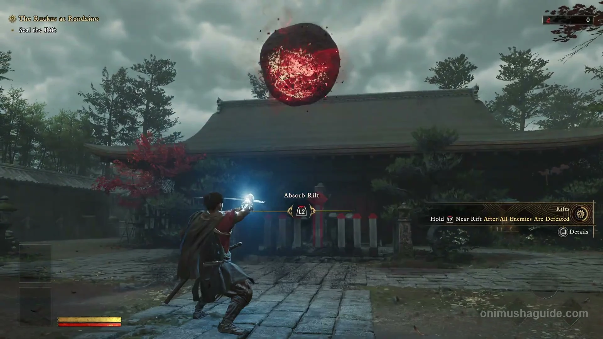 Red courtyard rift with the Absorb Rift — L2 prompt in front of Musashi