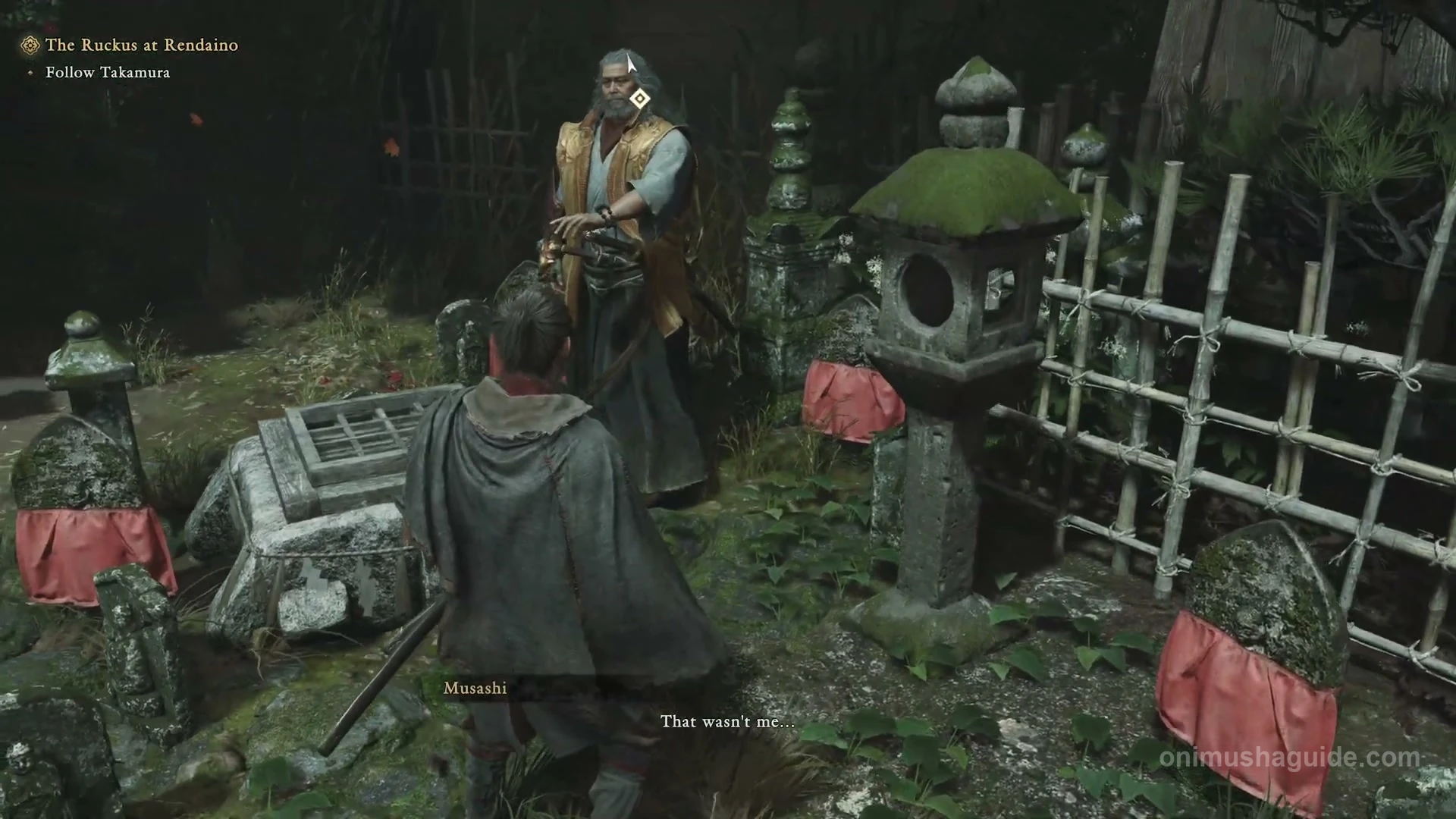 Takamura beside the grid-covered well, near red-clothed statues and the bamboo fence