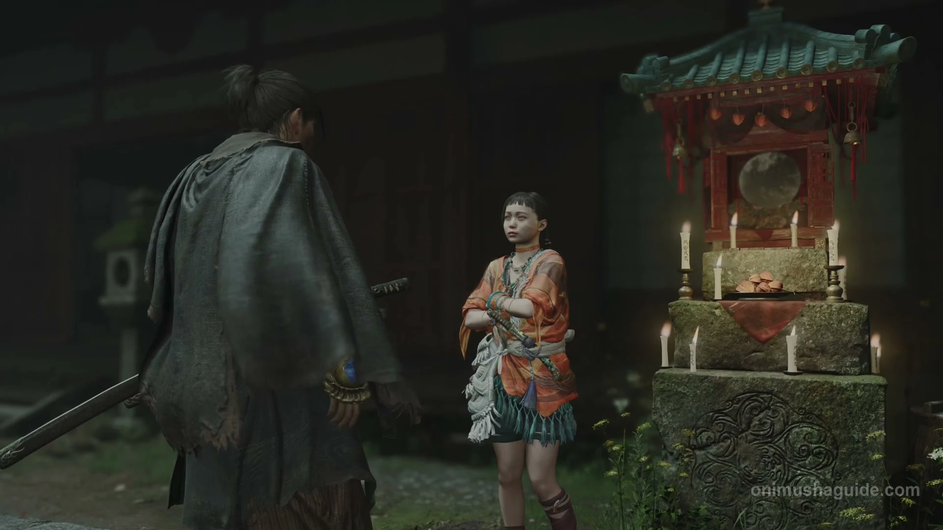 Okuni standing beside the Spirit Mirror under the temple eaves