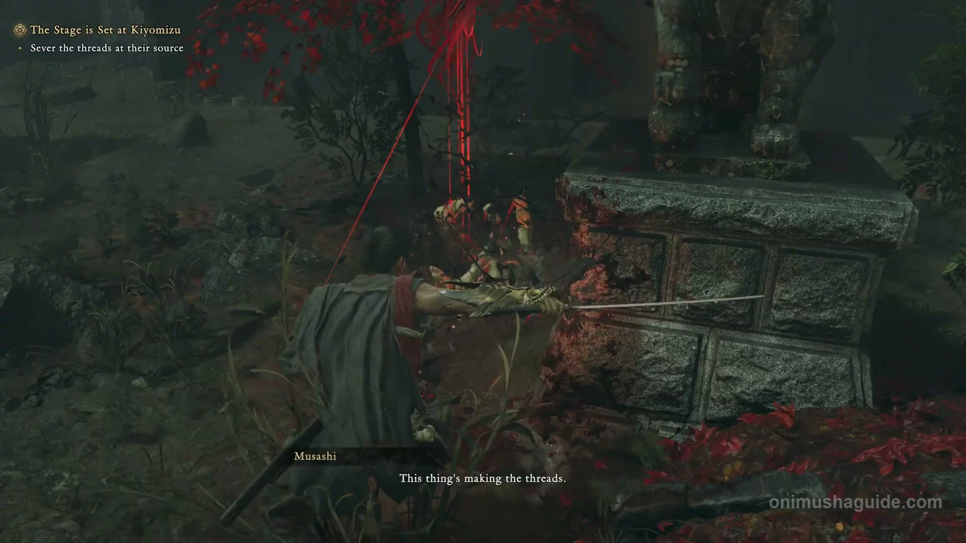 Oni Vision reveals the Weaver near the stone base below the blocked stairs