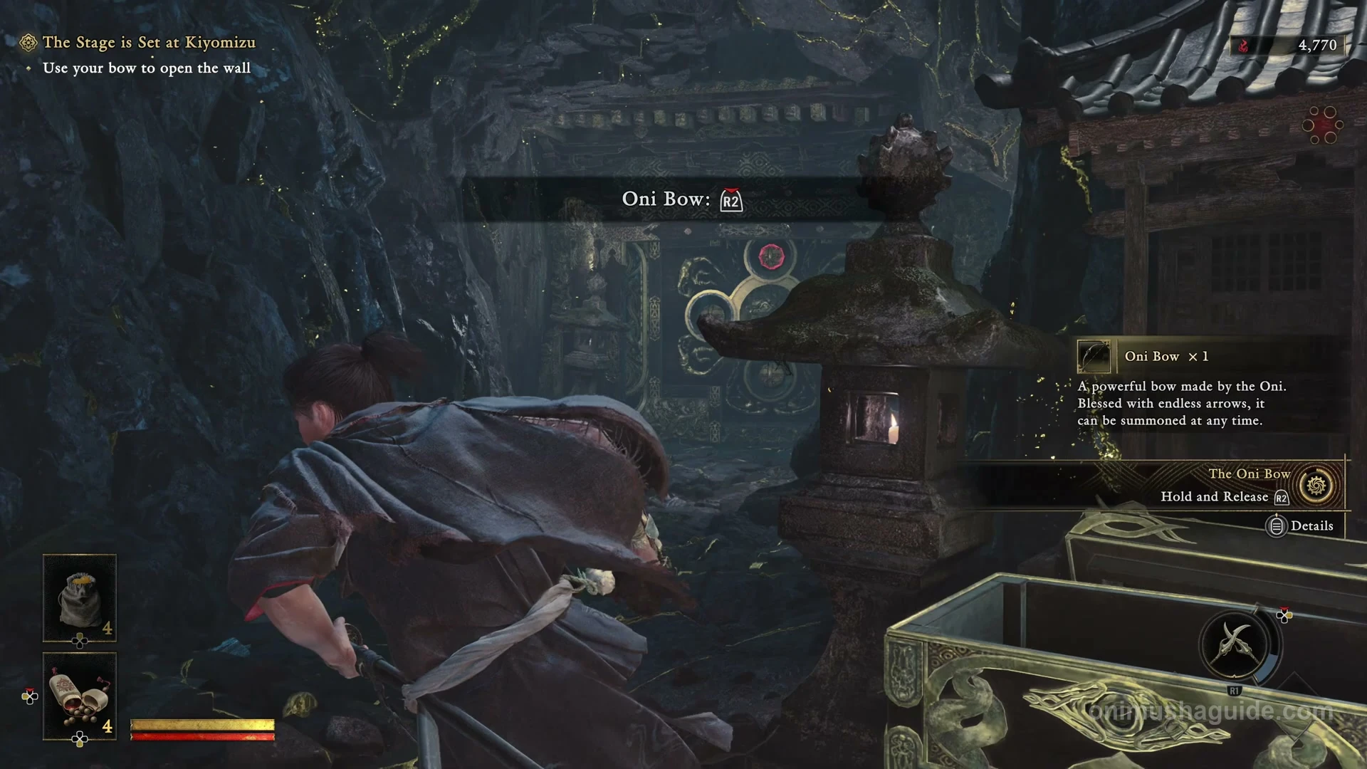 Oni Bow tutorial showing hold and release R2, with the ornate wall ahead