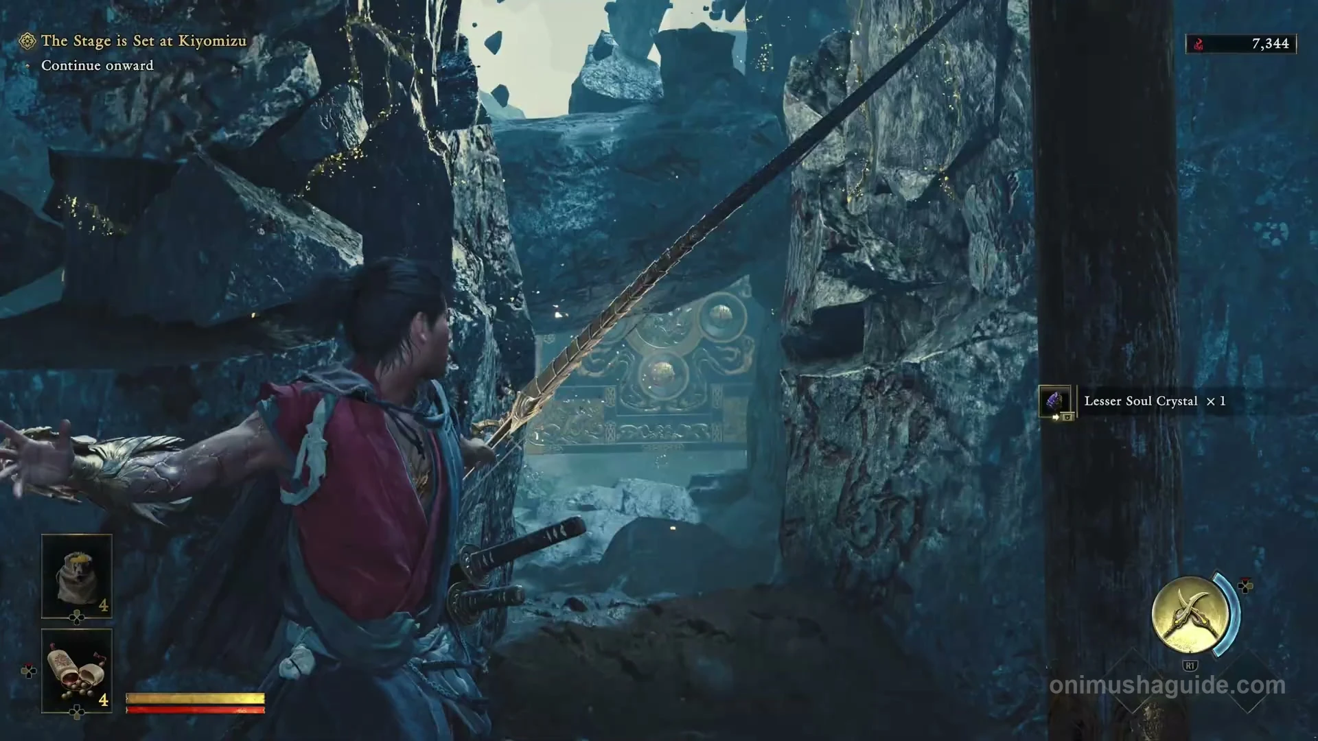 Musashi aiming the Oni Bow at the movable block from the ledge across the walkway