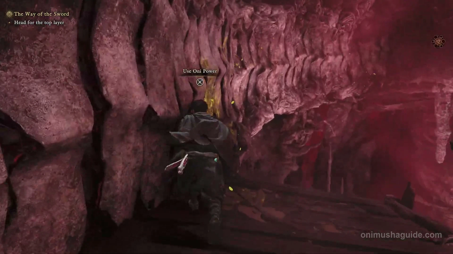 Gold wall with the Use Oni Power prompt above the red chasm in Shanaoh Castle