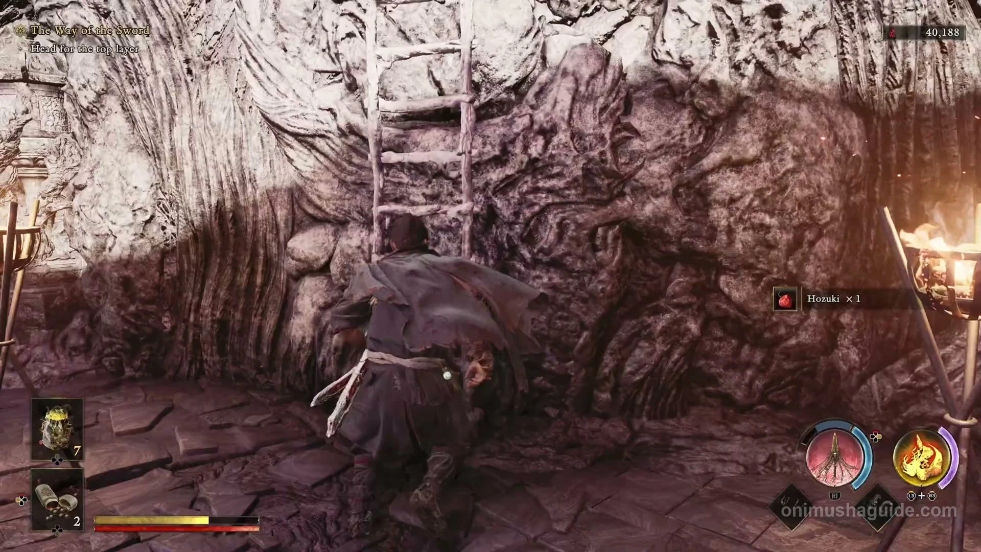 Ladder between two burning torches leading up to the roof beyond the armored enemy