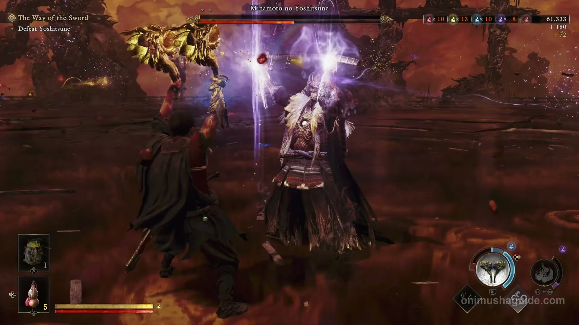 Musashi raising the Oni Gauntlet to absorb purple souls from Yoshitsune during the powered stage
