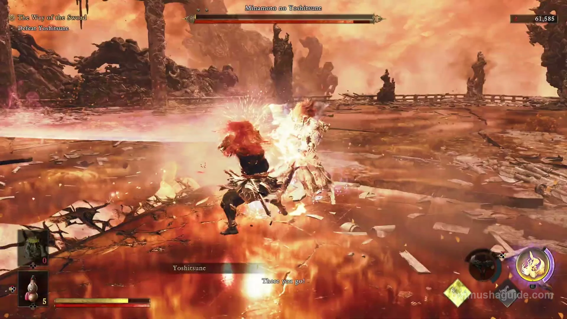 Red-haired Musashi attacking Yoshitsune with a golden aura during Oni Awakening