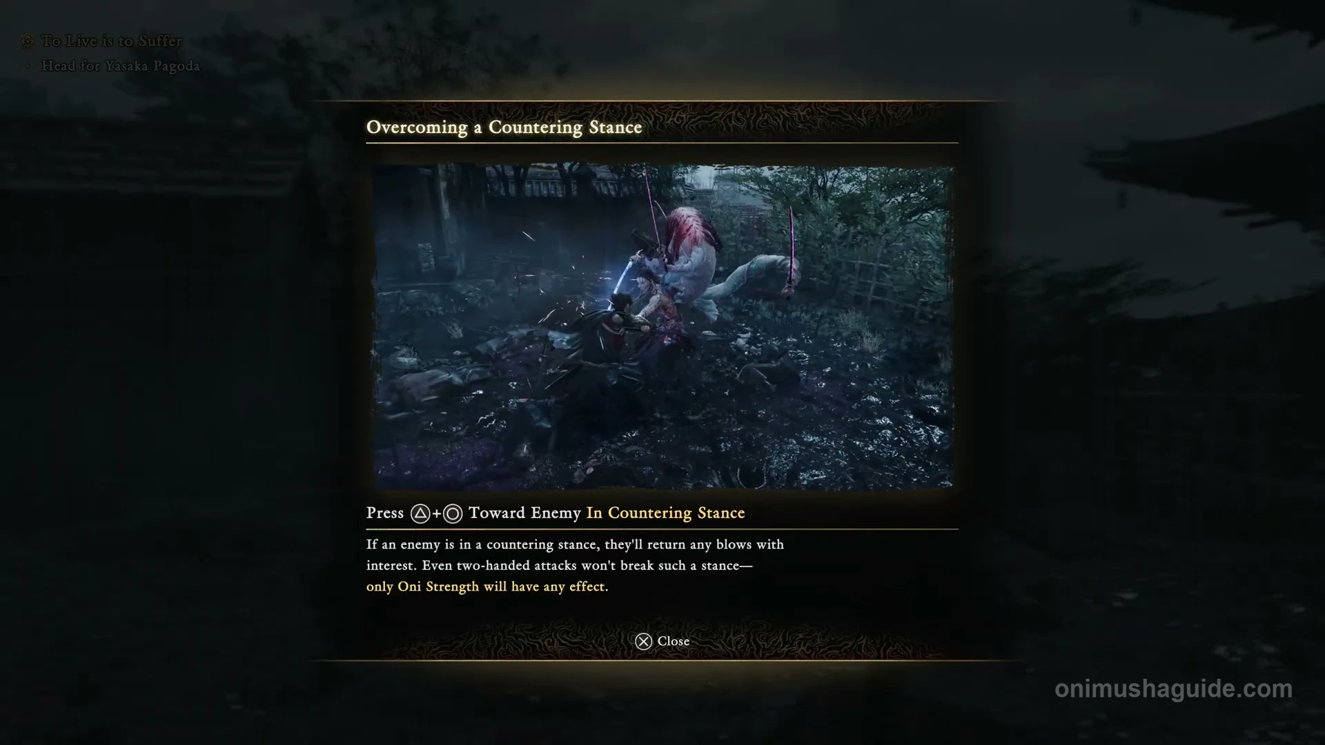 Tutorial instructing Triangle plus Circle toward an enemy in countering stance