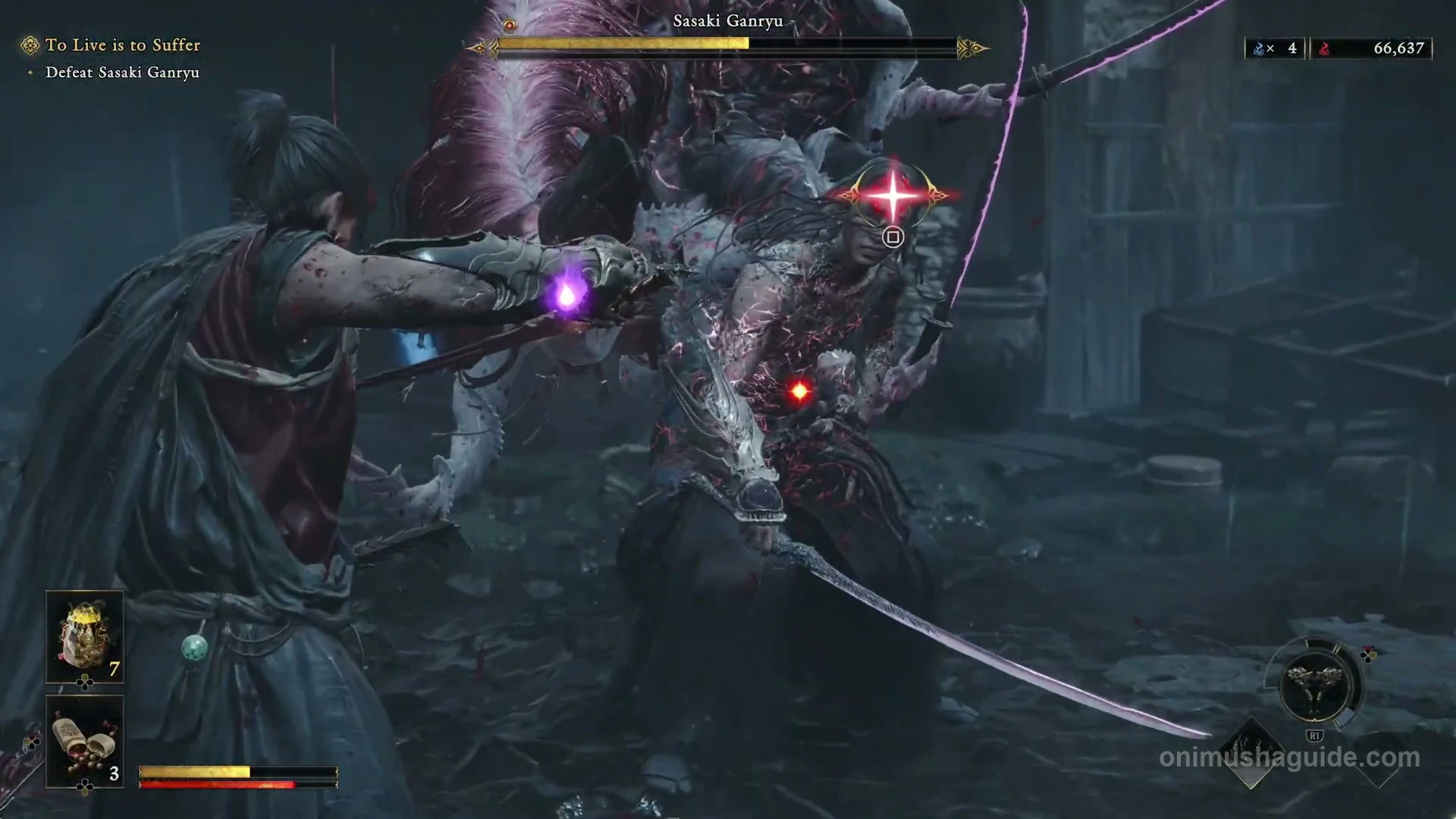 Square prompt over Ganryu's exposed weak point after his stamina is depleted
