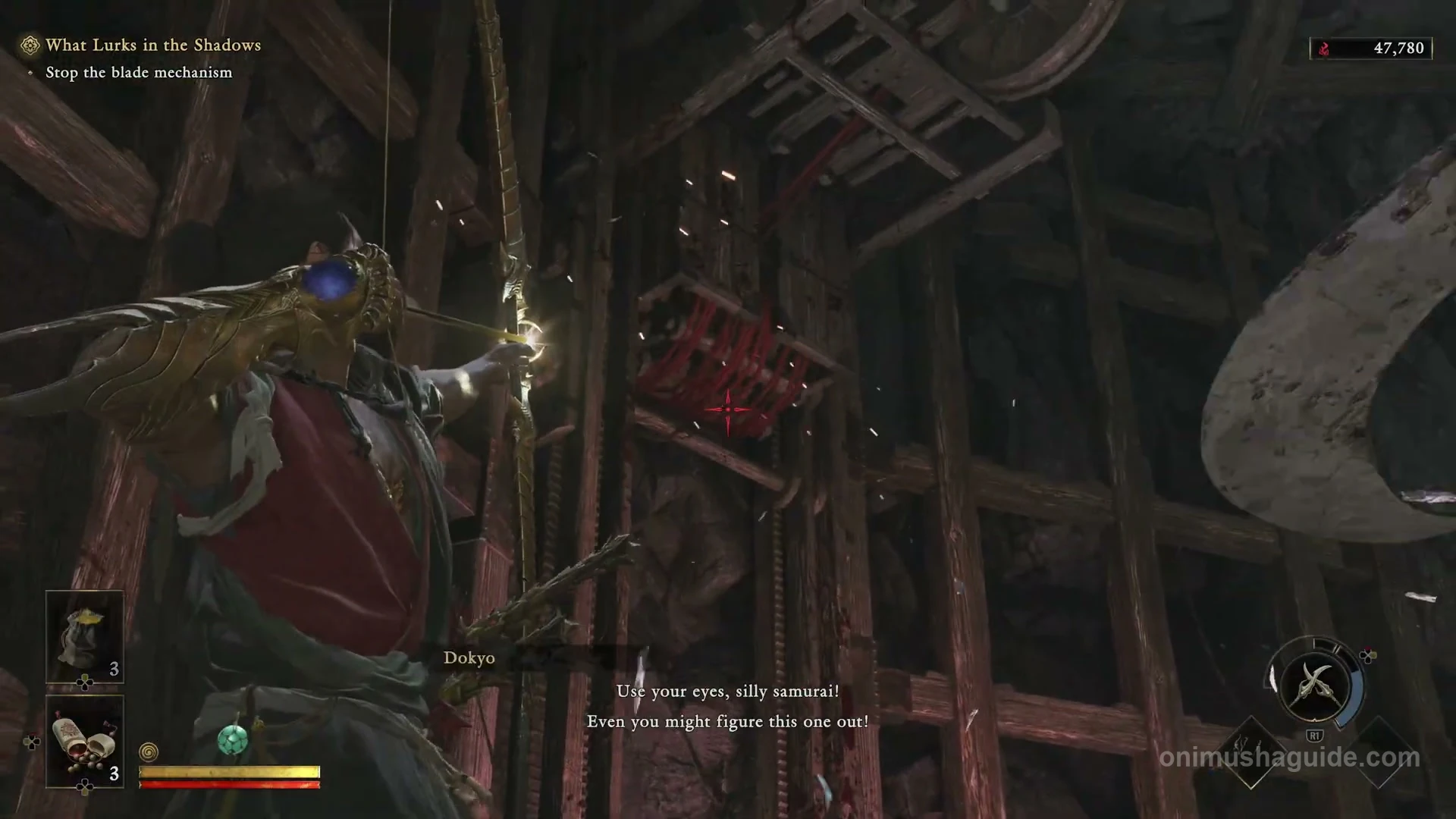 Oni Bow aimed at a red moving component in a cage frame beside the descending blades