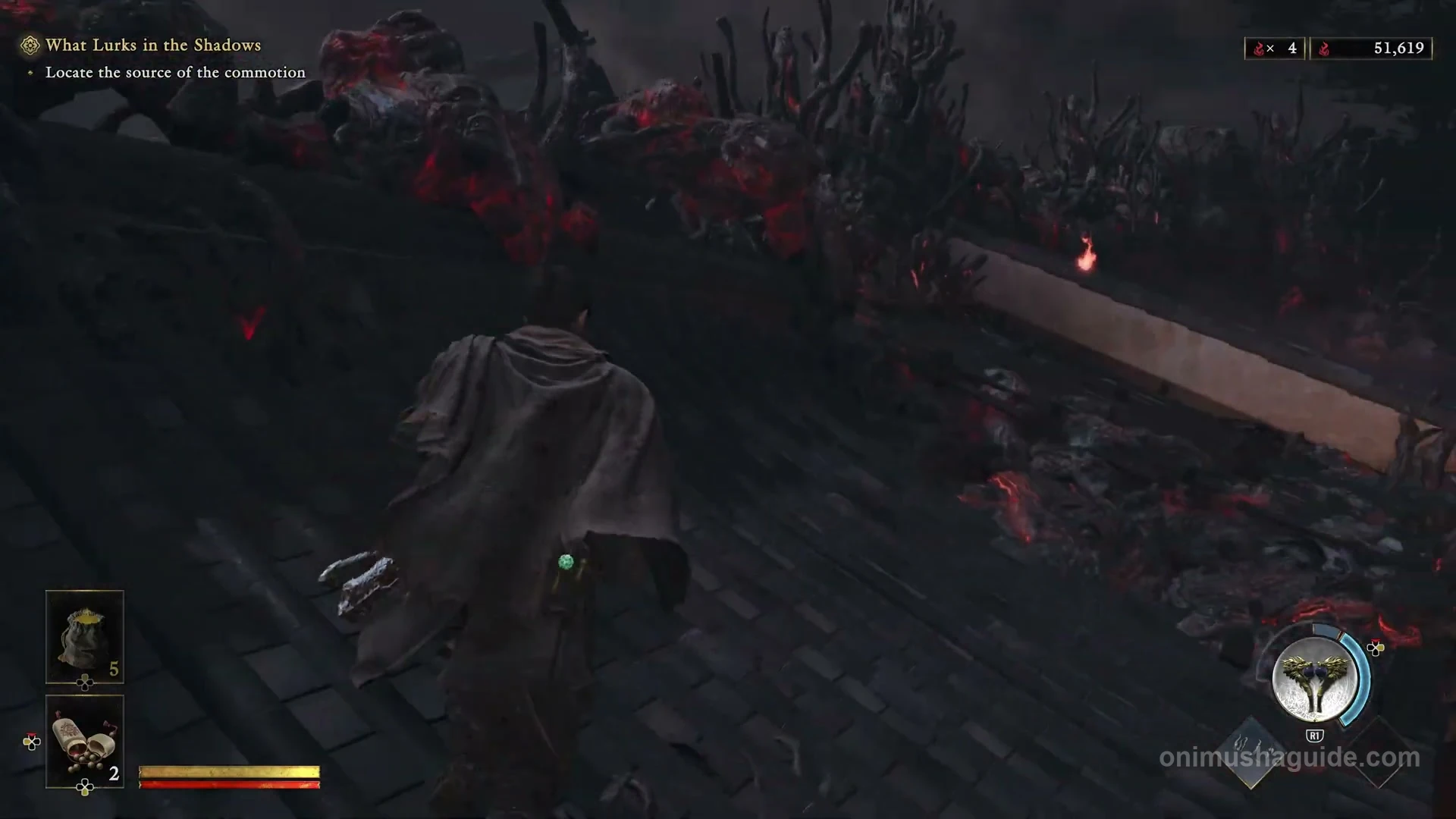 Collapsed tiled roof beside the palace building forming the route to the next courtyard