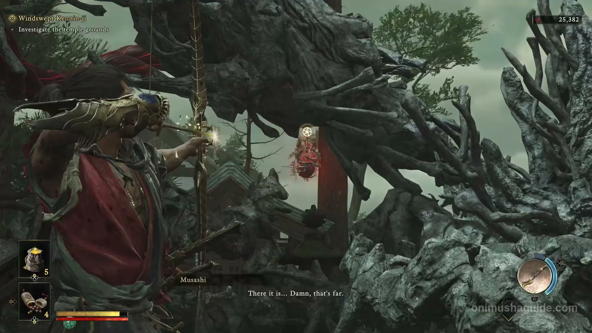 Second Weaver hanging beneath the high root arch beyond the bell tower, targeted with the Oni Bow
