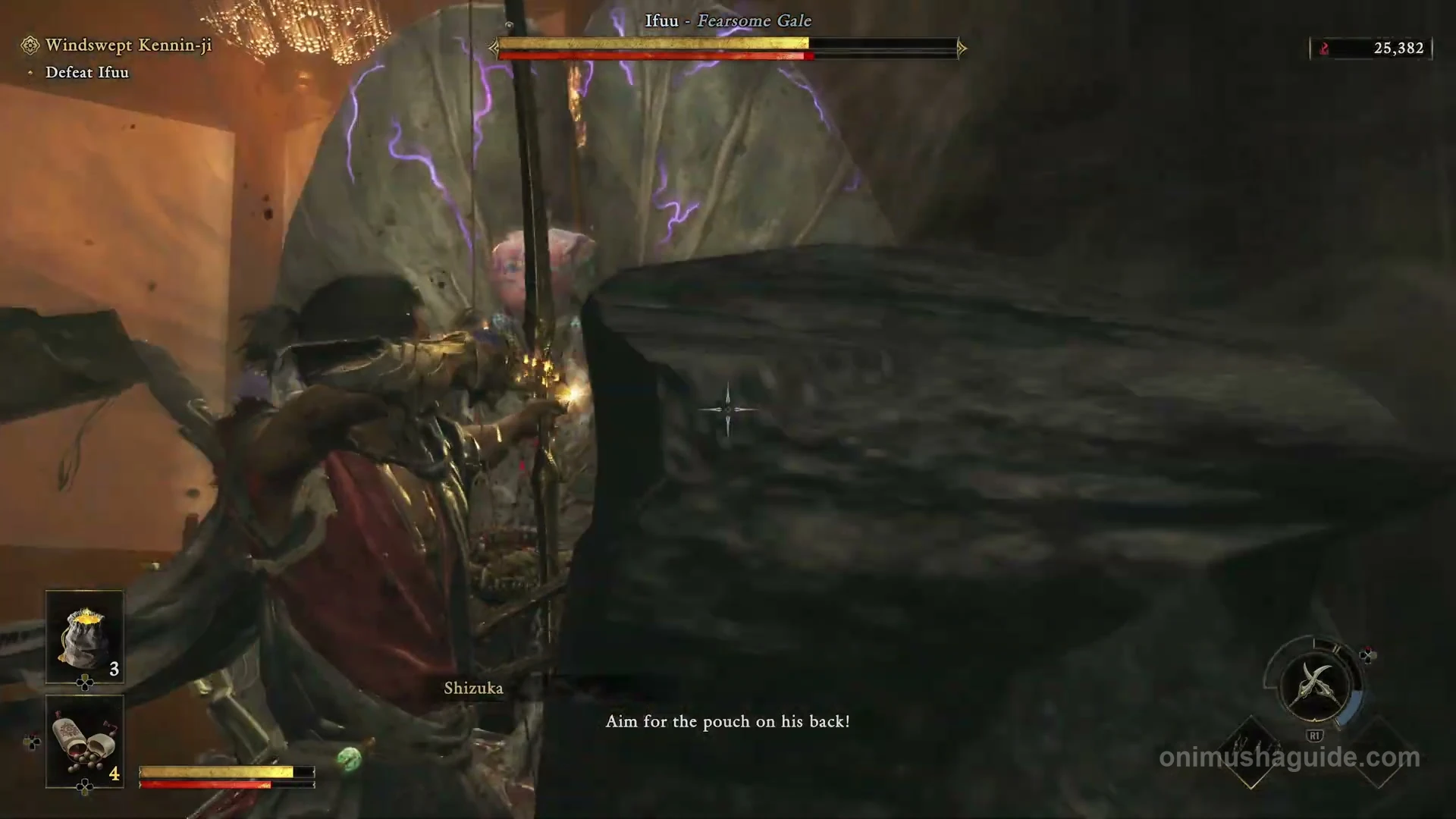 Oni Bow aimed at Ifuu's swollen purple-marked pouch during his wind attack